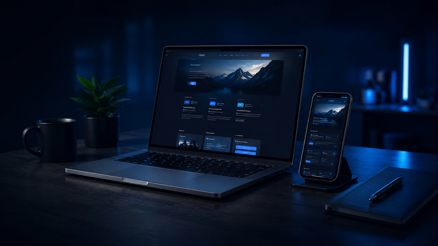 Premium Webdesign auf Laptop und Smartphone in dunkler Studioumgebung