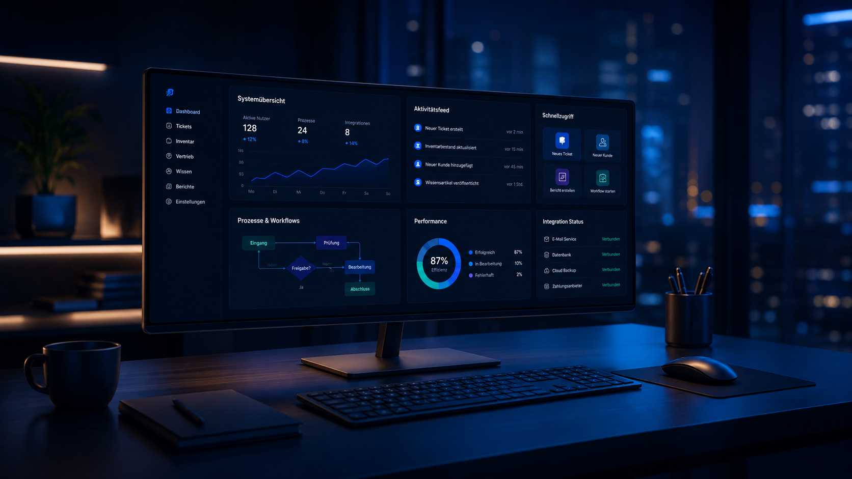 Monitor mit Prozessübersicht, Workflow, Aktivitäten und verbundenen Systemen