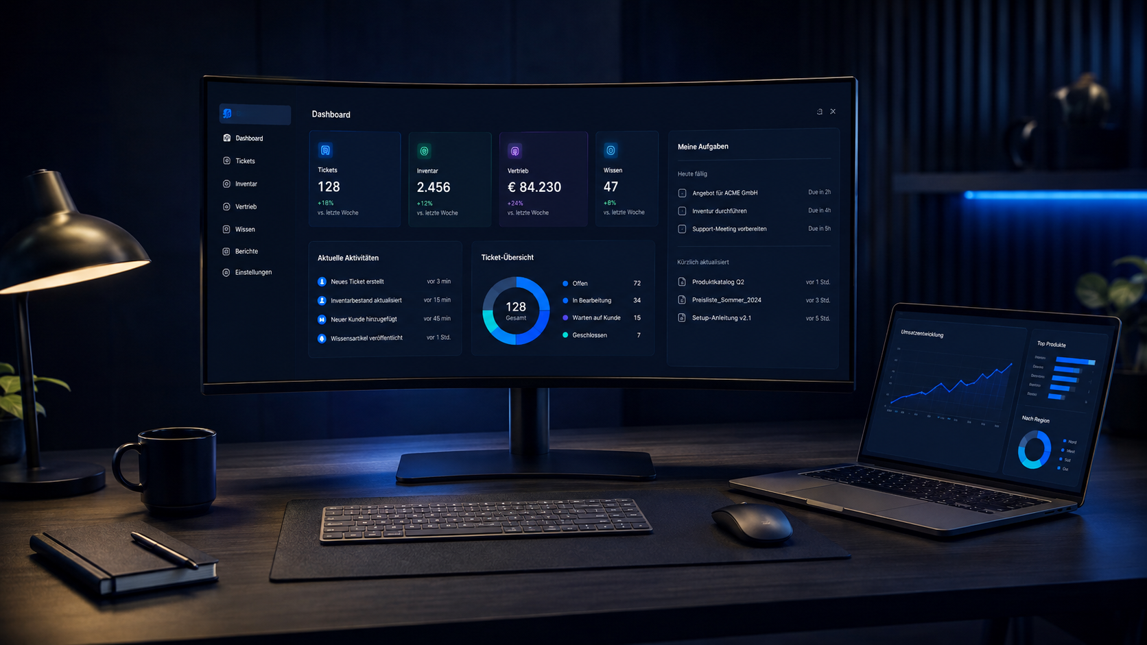 Individuelle Softwarelösung auf Curved-Monitor und Laptop in dunkler Studioumgebung