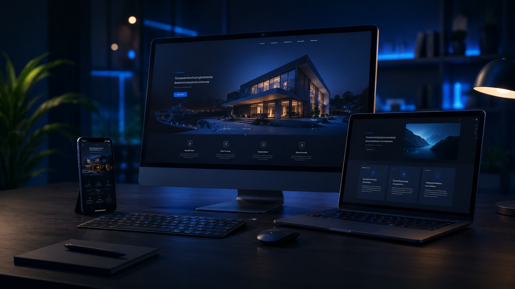Modernes Webdesign-Setup mit Desktop, Laptop und Smartphone